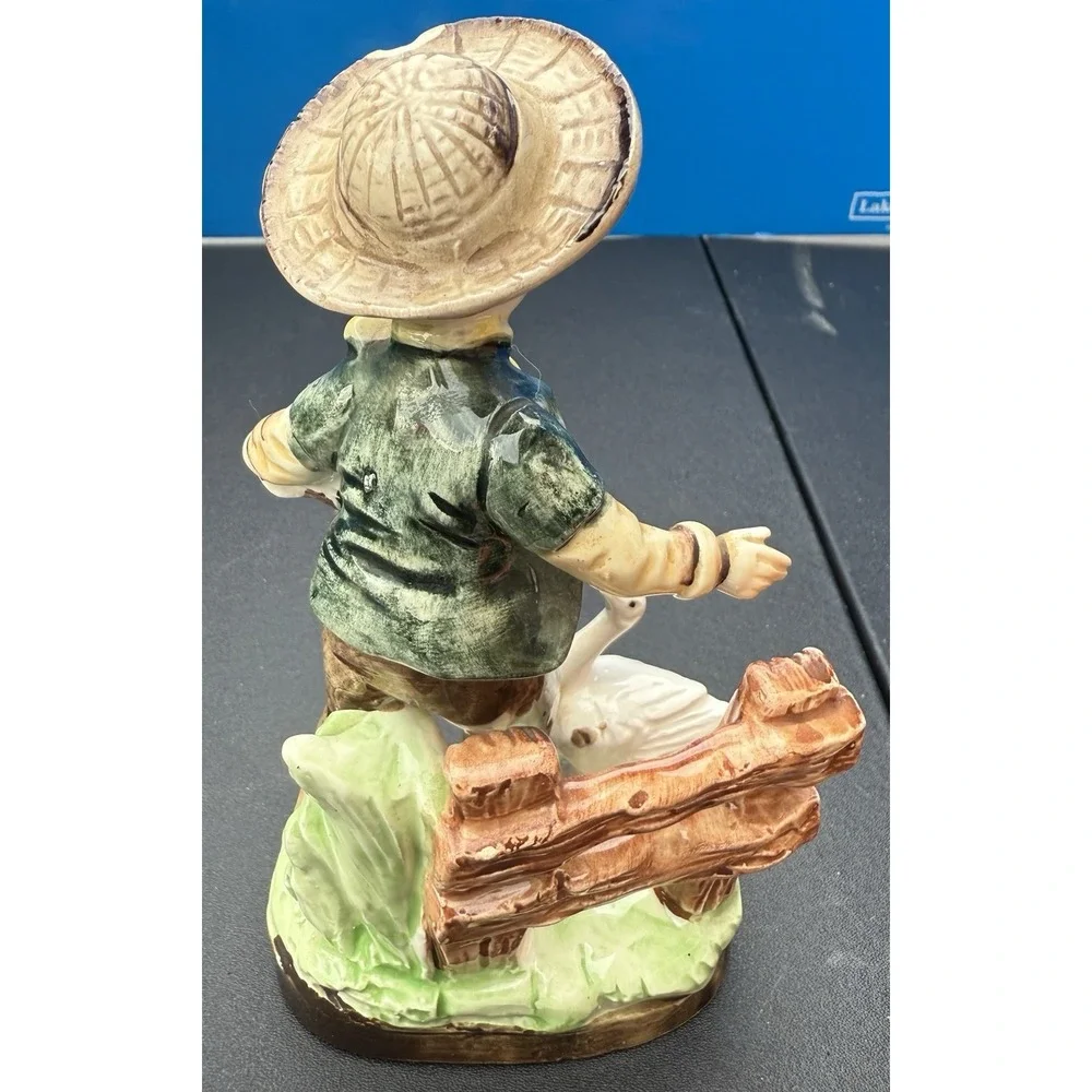 Vintage Porcelain Figurine Boy Feeding goose with basket Collectible Arrow Japan